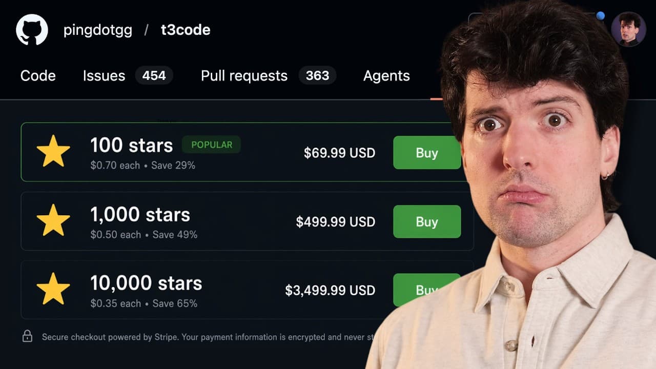 A skeptical man reacts to pricing tiers for purchasing GitHub stars, ranging from $69.99 to $3,499.99 for bulk quantities.