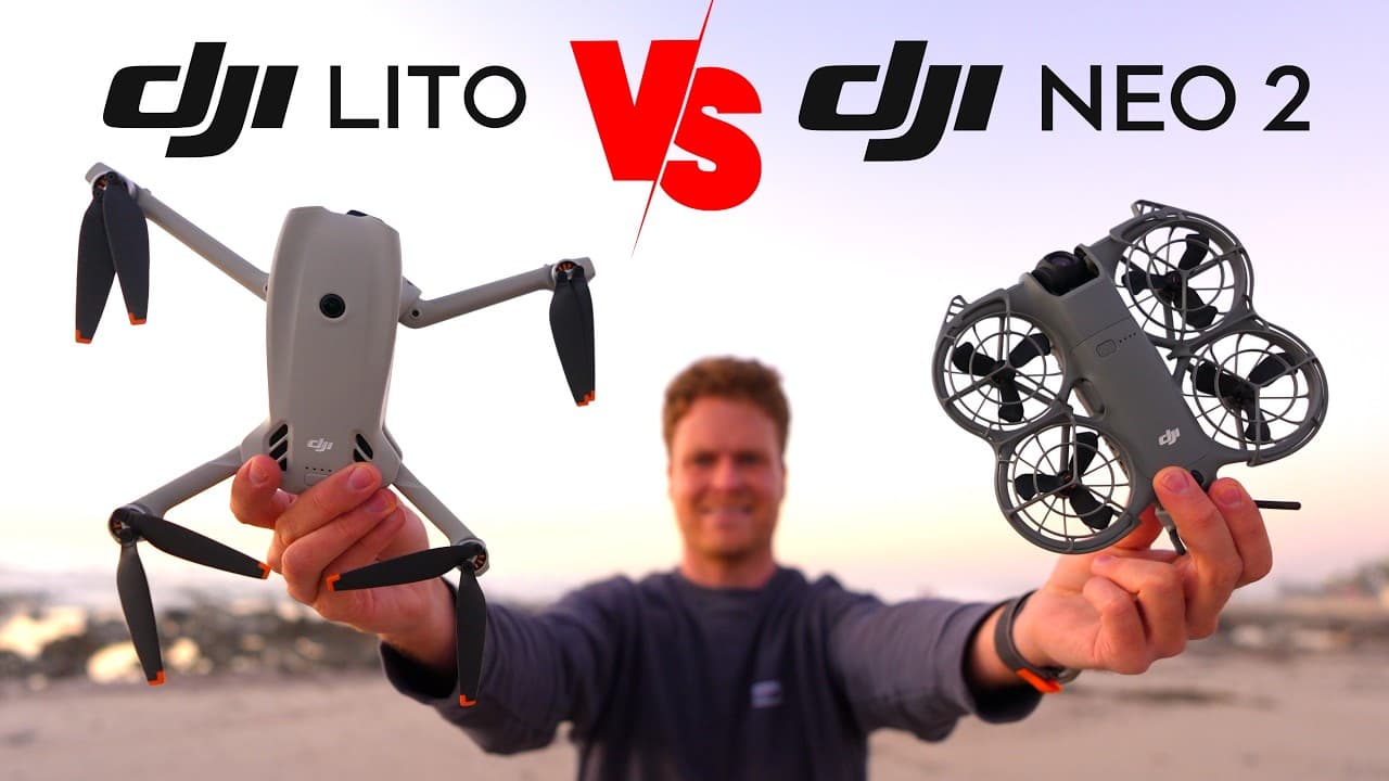 Man holding DJI Lito and Neo 2 drones with "VS" text comparing the two compact aerial devices against a sunset background