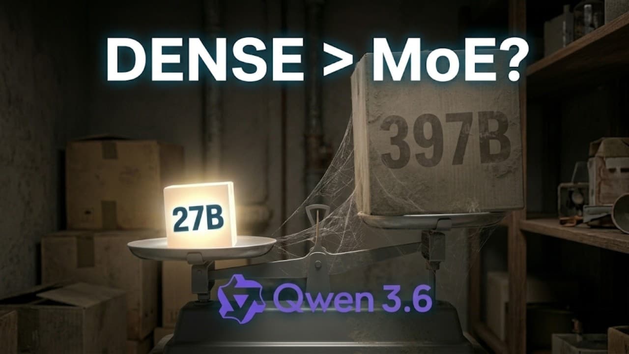A scale comparing two glowing boxes labeled "27B" and "397B" with text asking "DENSE > MoE?" and Qwen 3.6 branding, set in…