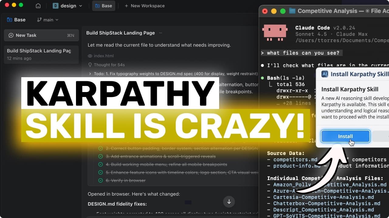 Bold yellow text "KARPATHY SKILL IS CRAZY!" overlays a screenshot of Claude AI interface with code editor and task…