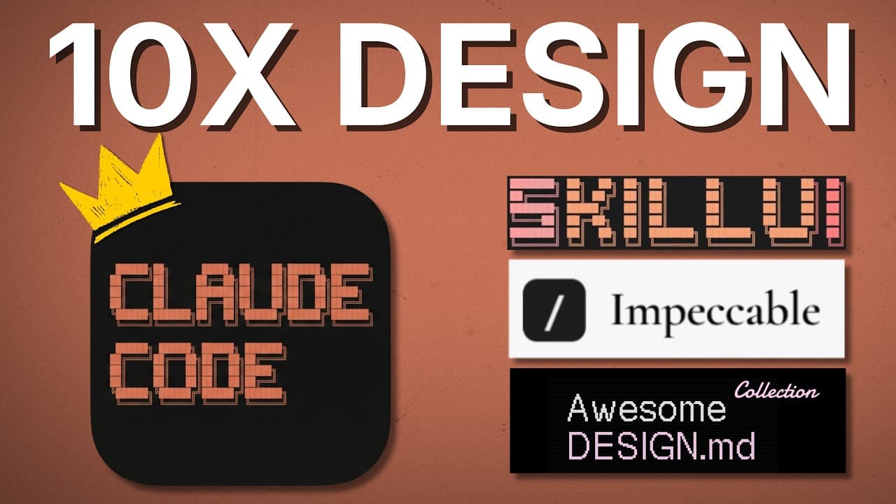 Orange background with "10X DESIGN" text, Claude Code app icon with crown, and Impeccable/Awesome Design.md branding…