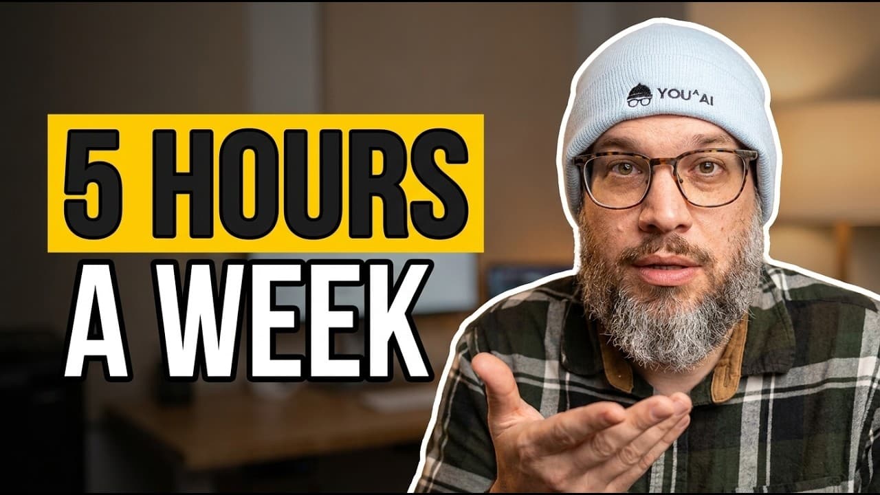 Man wearing beanie and glasses gestures while speaking, with bold yellow and white text reading "5 HOURS A WEEK" overlaid…