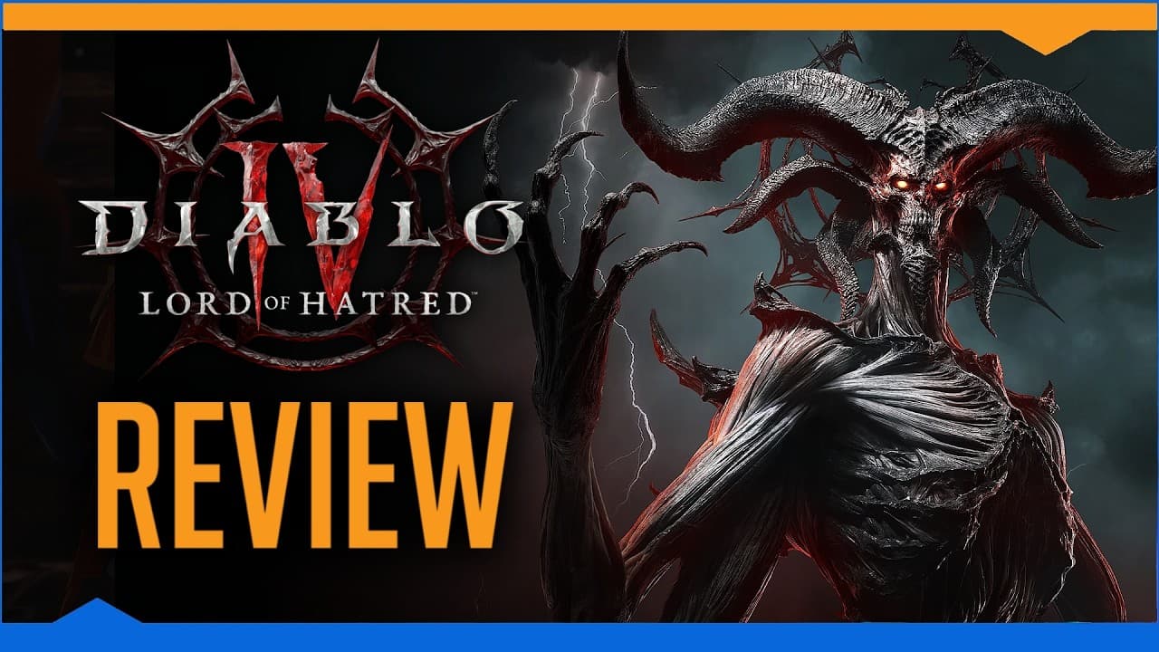 Diablo IV Lord of Hatred review thumbnail featuring the game's logo and a menacing demon character with horns and glowing…