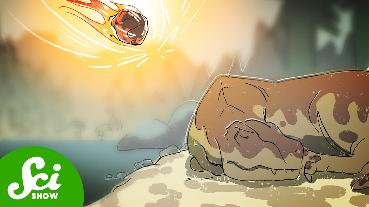 A meteor blazes through a golden sky above a dinosaur sheltering on the ground, with the SciShow logo in the lower left…