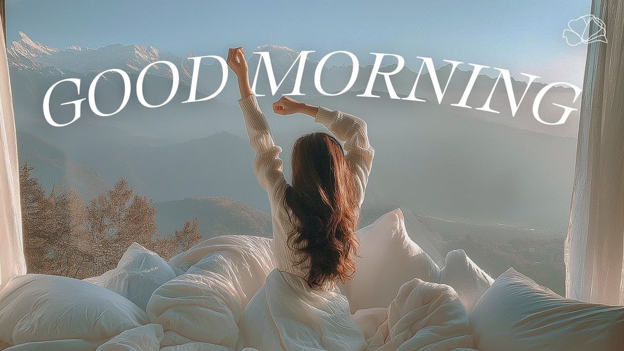 Woman stretching in bed with arms raised toward snow-capped mountains visible through window, "GOOD MORNING" text overlaid