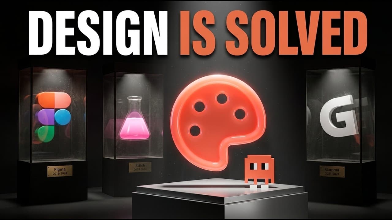 A museum-style display featuring design tools (Figma, Stitch, Gamma) with a glowing red artist's palette as the centerpiece…