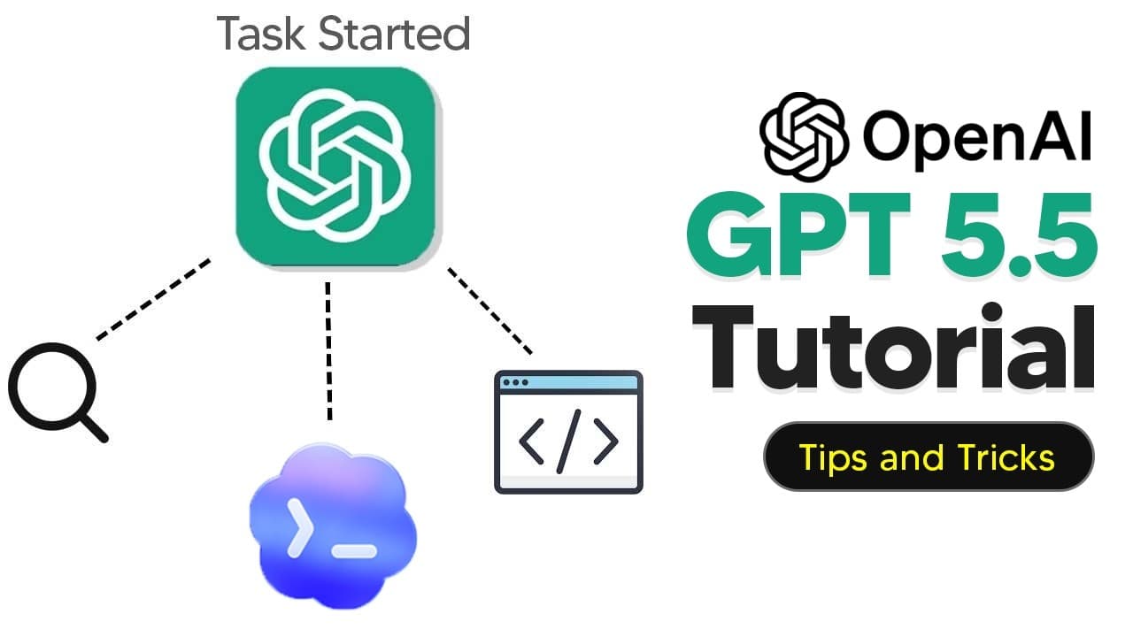 OpenAI GPT 5.5 tutorial with search, code, and terminal icons connected to the ChatGPT logo, highlighting tips and tricks…