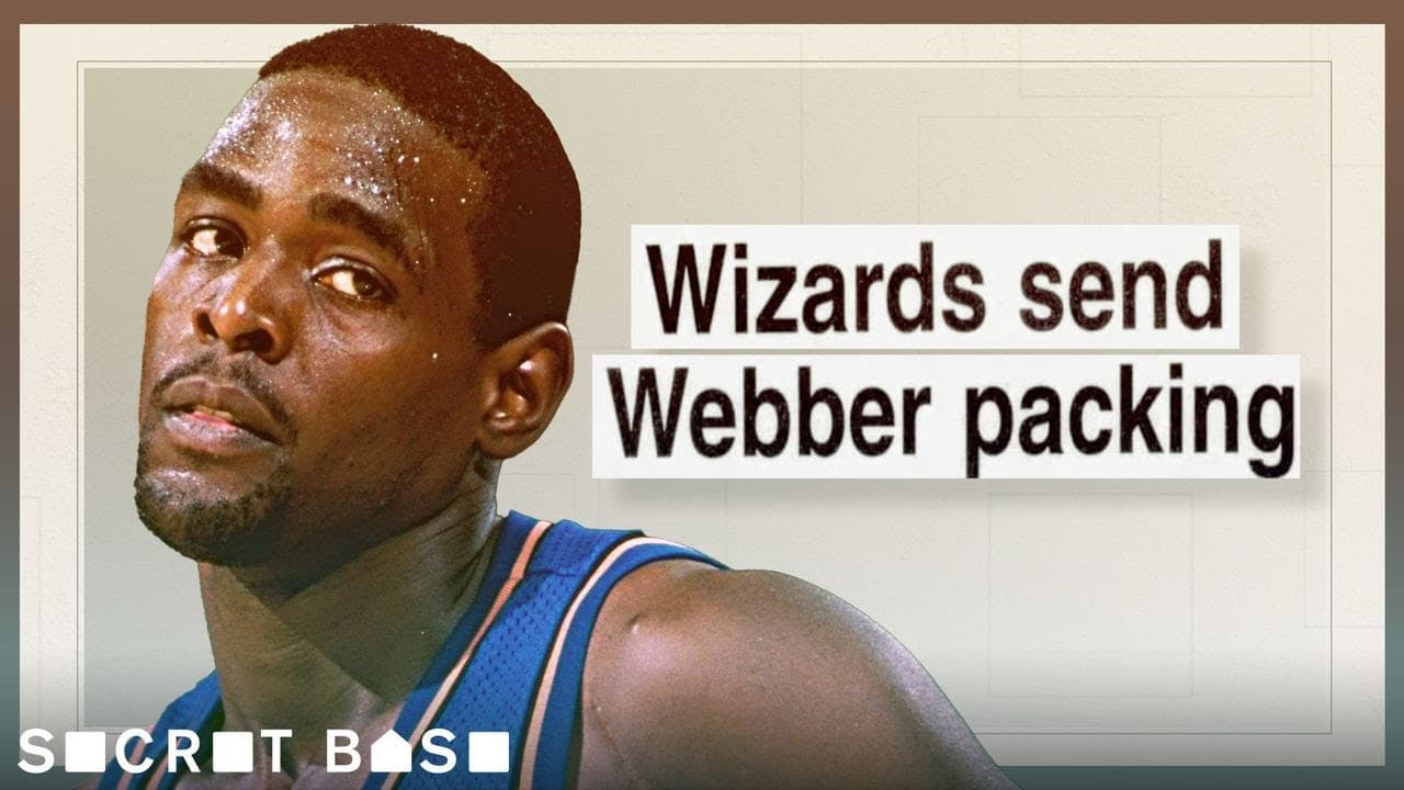 A sweaty basketball player in a blue jersey looks concerned while text references a Wizards trade involving Webber packing