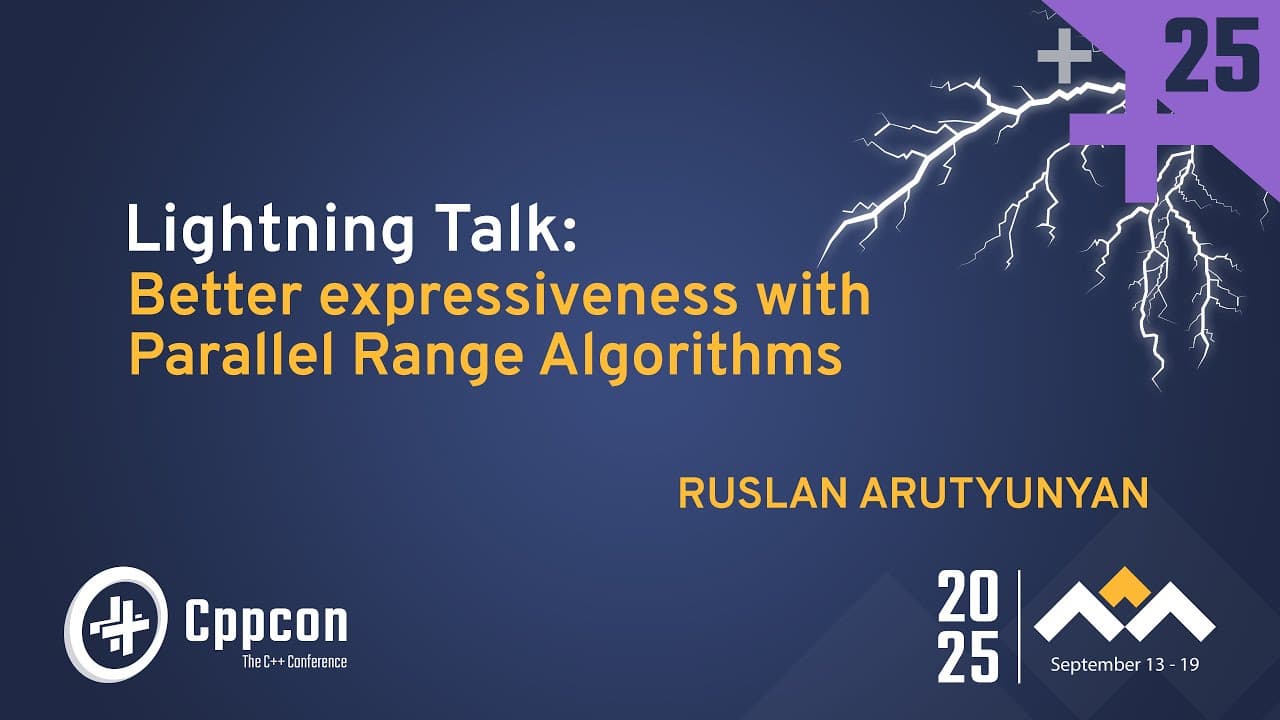 CppCon 2025 talk announcement featuring lightning bolts and mountains, with speaker Ruslan Arutyunyan discussing parallel…