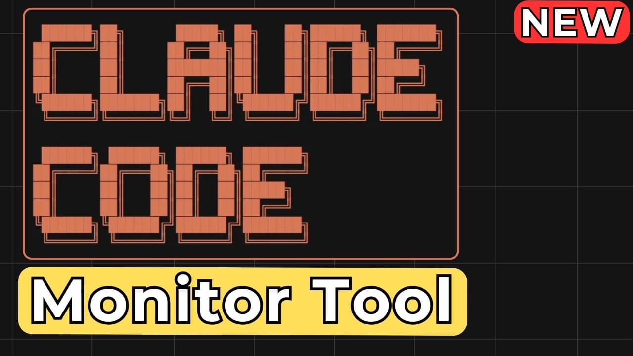 Retro brick-style text reading "CLAUDE CODE" and "MONITOR TOOL" in orange on dark background with yellow label at bottom