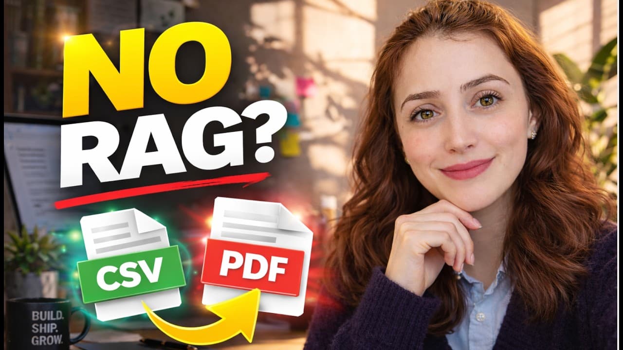 Woman in office setting with CSV to PDF conversion icons and "NO RAG?" text in yellow, discussing AI pipeline alternatives