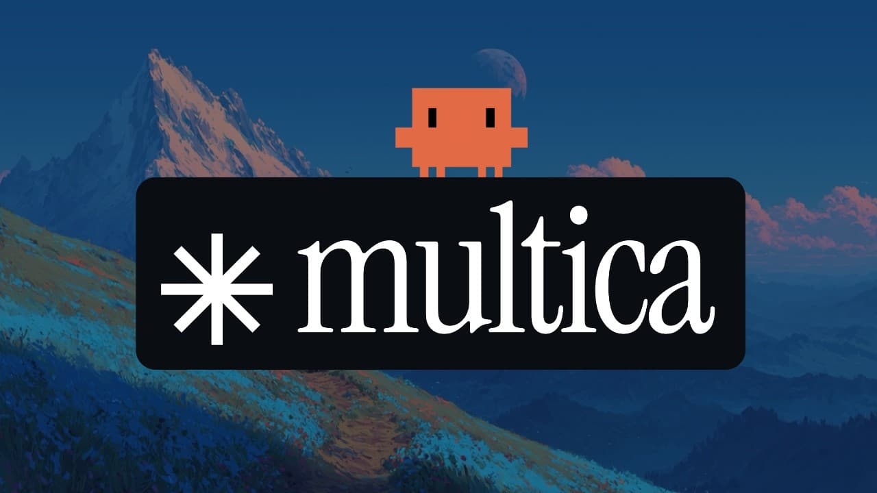 Orange pixelated character floating above a mountain landscape with "multica" logo on black banner