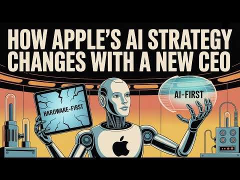 A futuristic robot with the Apple logo holds a "Hardware-First" chip and "AI-First" sphere against a sunset cityscape…