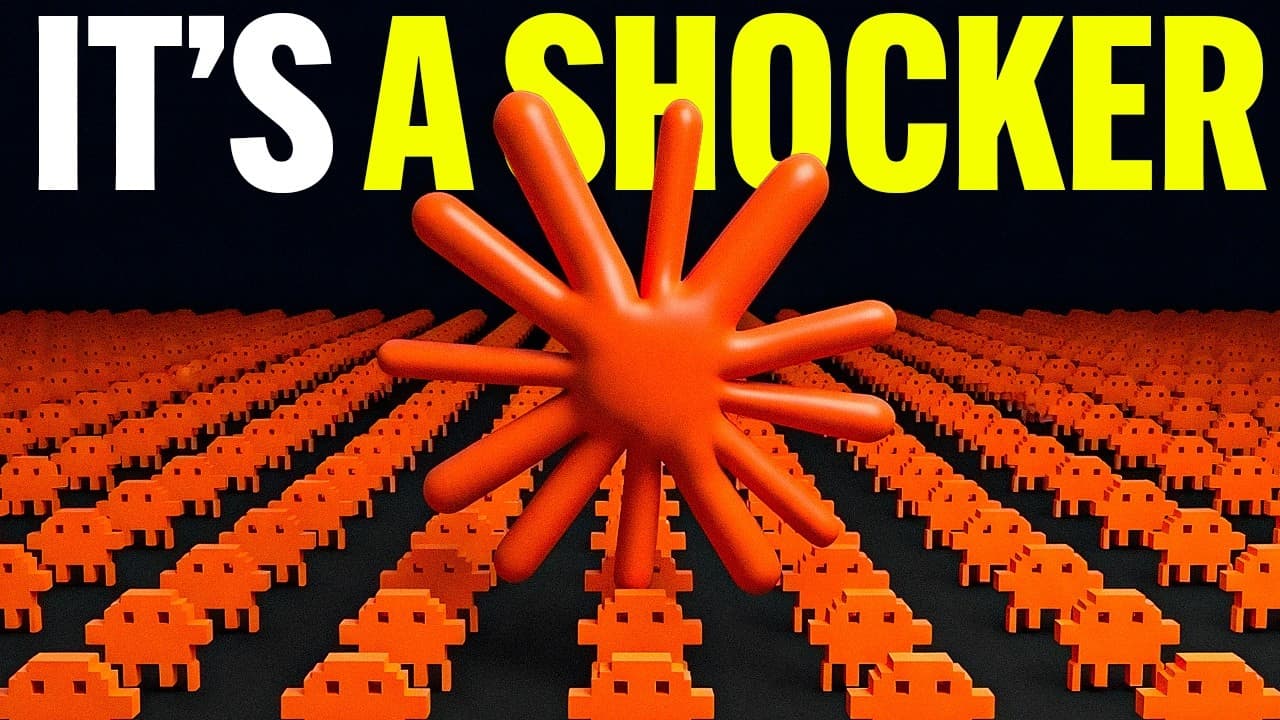 A large red hand-like creature emerges from a field of orange pixelated invaders against a black background, with "IT'S A…