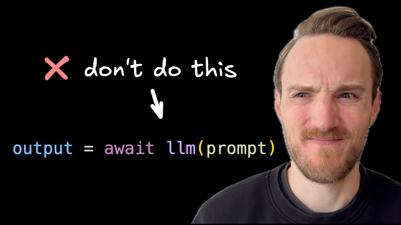 Man with concerned expression pointing at code showing "output = await llm(prompt)" marked with red X and "don't do this"…