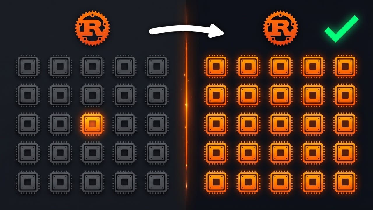 CPU cores transforming from inactive gray to active orange with Rust logo and checkmark, illustrating parallel processing…