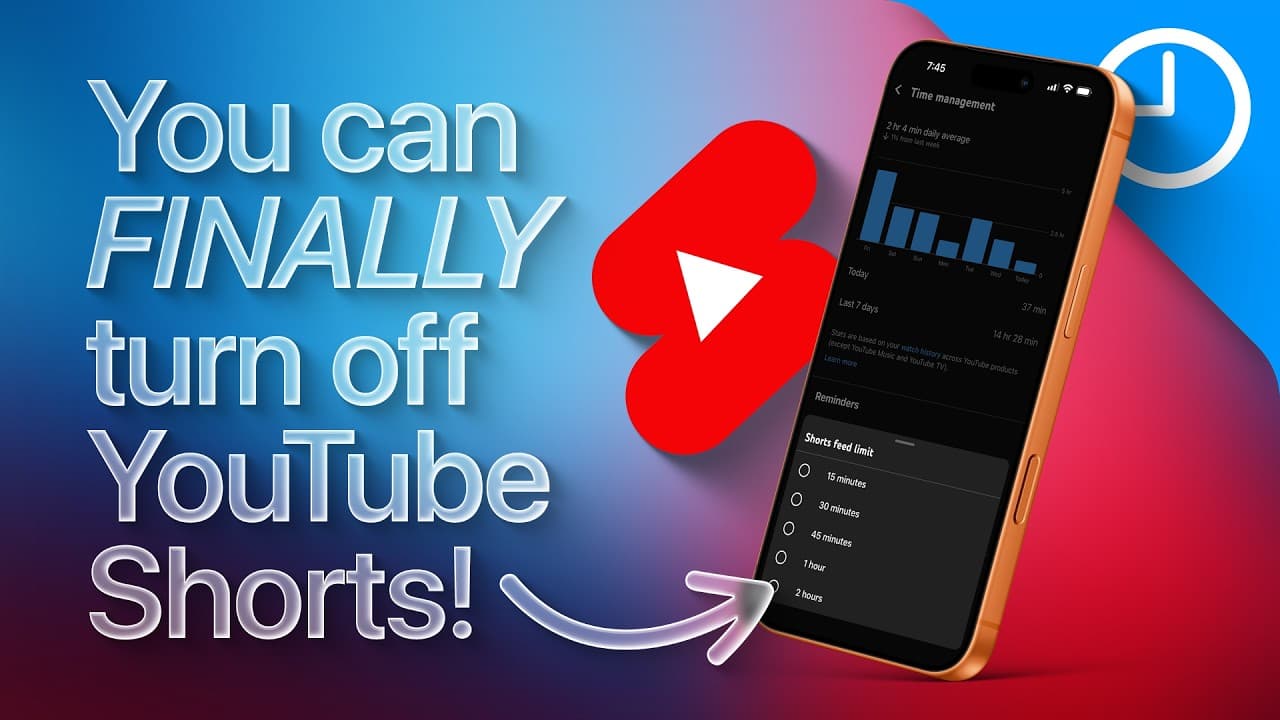 Smartphone displaying YouTube's time management settings for Shorts feed limits, with blue-to-pink gradient background and…