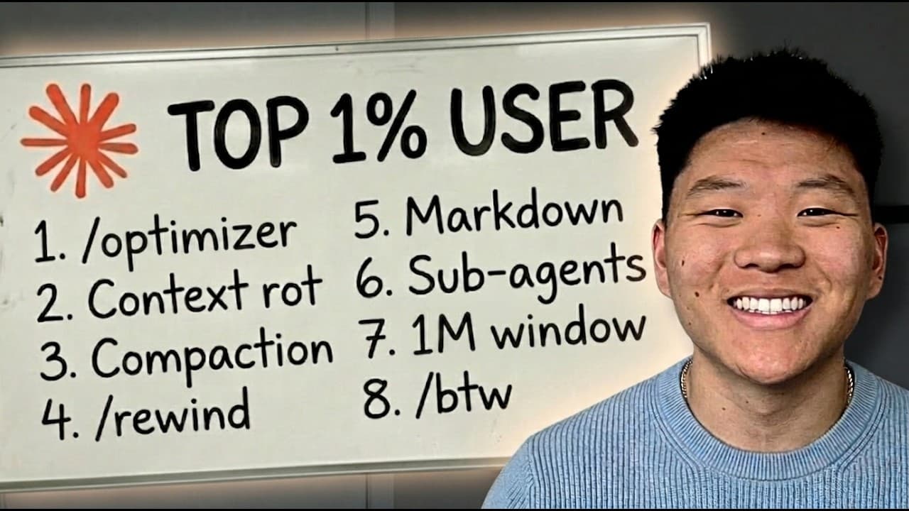 Man smiling at camera next to whiteboard listing "Top 1% User" techniques including /optimizer, context rot, compaction,…