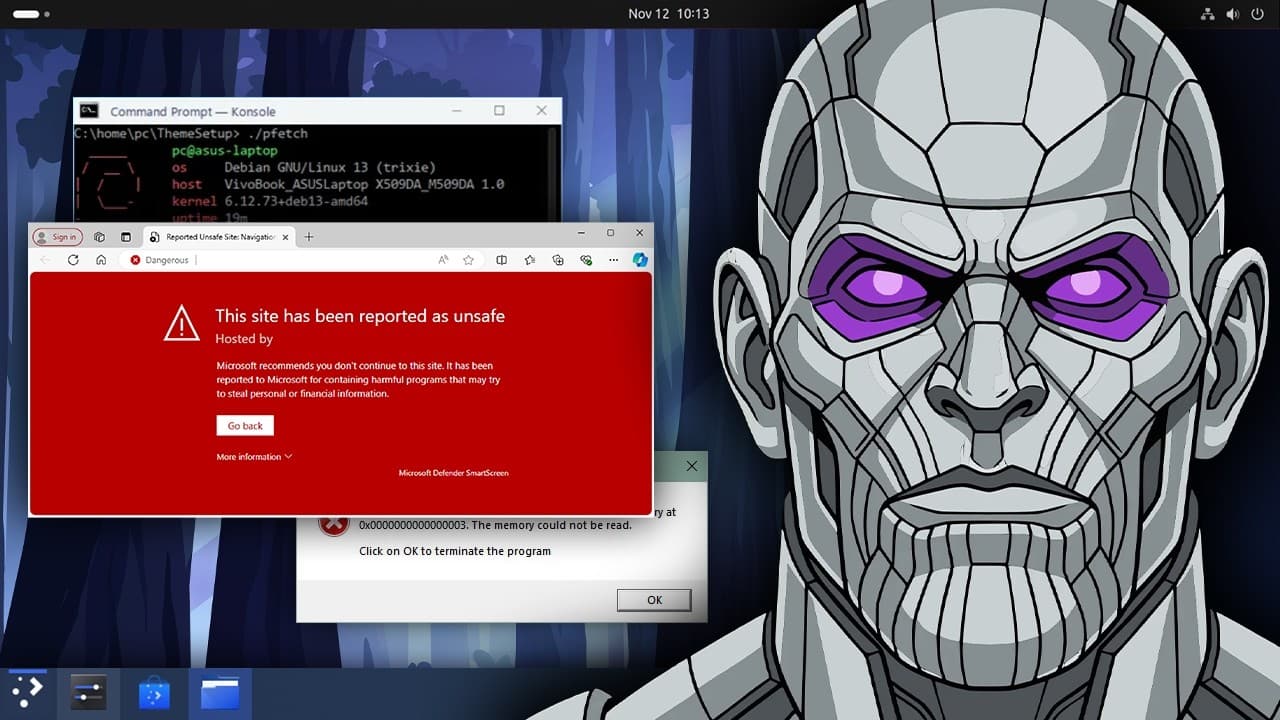Desktop with Command Prompt and browser warning of unsafe site, overlaid with illustration of robotic face with glowing…