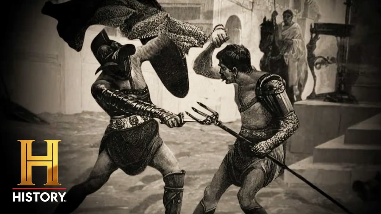Two armored gladiators engage in combat with weapons in an ancient arena while spectators watch from behind, with History…