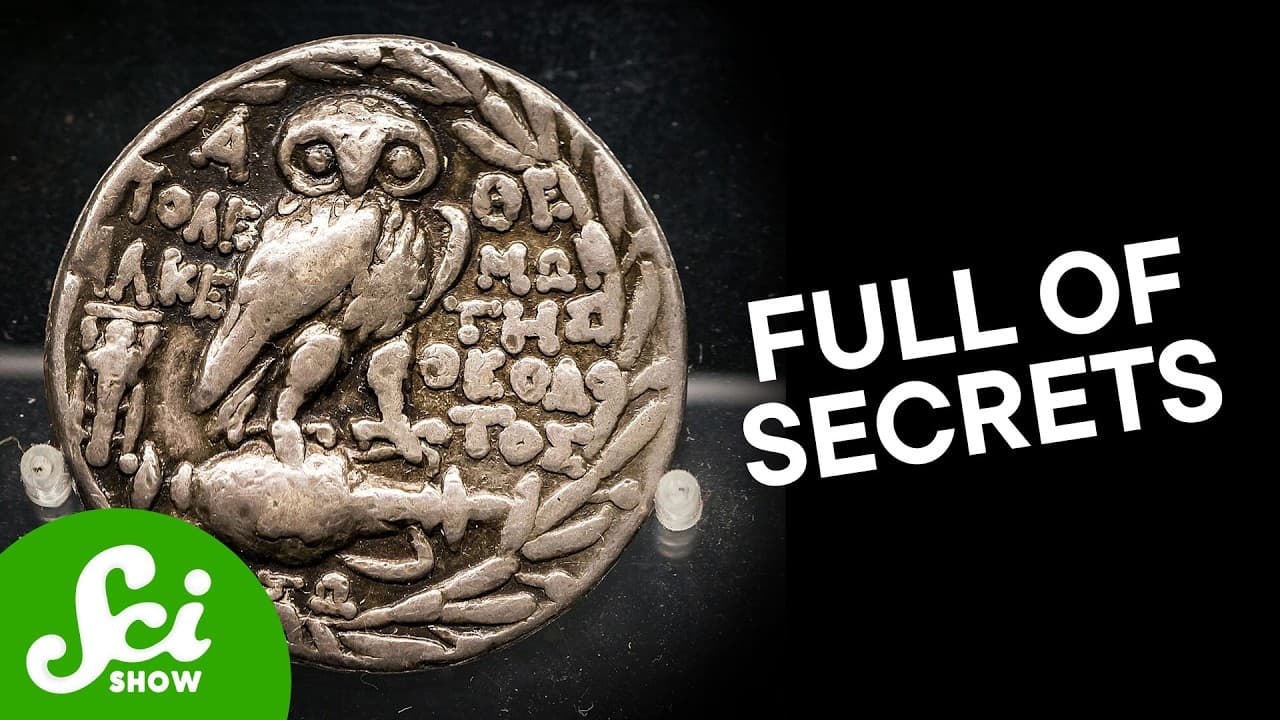 Ancient coin with detailed owl carving displayed against dark background with "FULL OF SECRETS" text and SciShow logo.