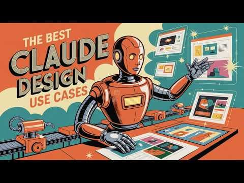 A retro-style robot gestures toward design layouts and computer screens in an orange and teal vintage aesthetic workspace.