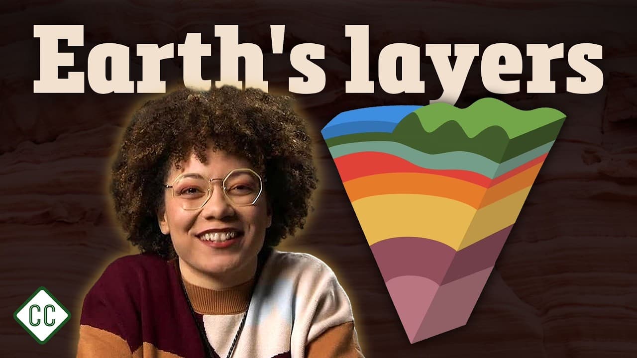 A smiling person wearing glasses next to a colorful cross-section diagram of Earth's layers, with "Earth's layers" text above