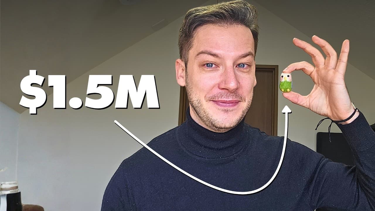 Man holding a tiny green bird figurine with "$1.5M" text displayed, suggesting a monetization or income success story