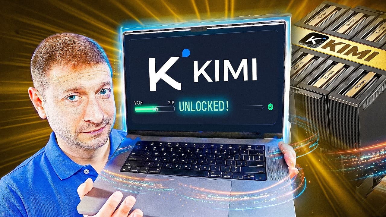 Man in blue shirt holds laptop displaying KIMI interface with "UNLOCKED!" message and 2TB VRAM indicator, surrounded by…