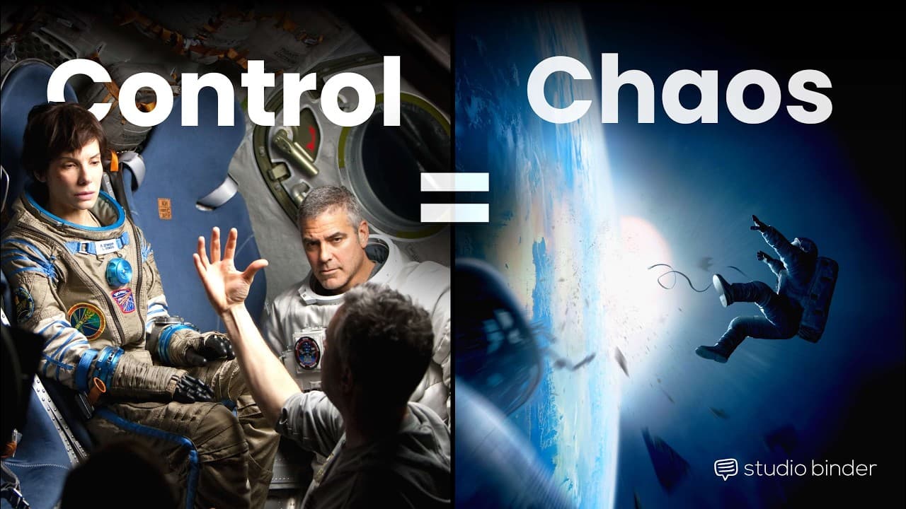 Split-screen comparing controlled astronauts in spacesuits with chaotic spacewalk scene, text reads "Control = Chaos