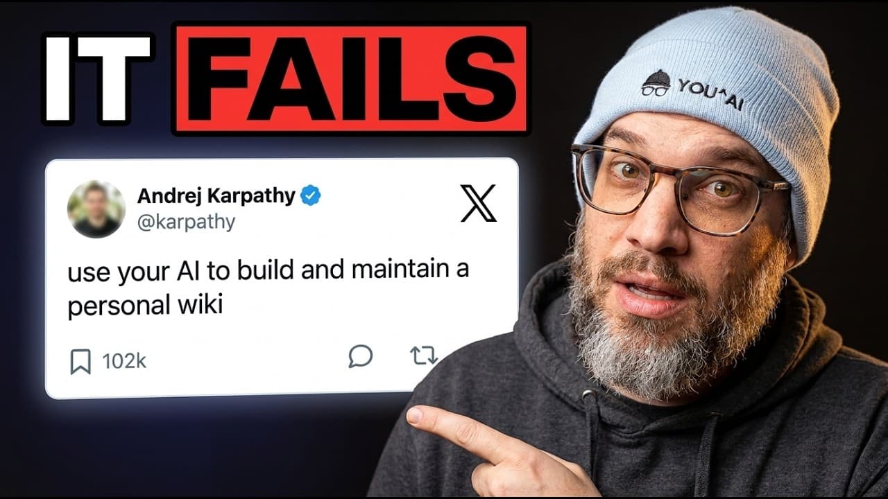 Man in beanie and glasses pointing at tweet from Andrej Karpathy about using AI to build a personal wiki, with "IT FAILS"…