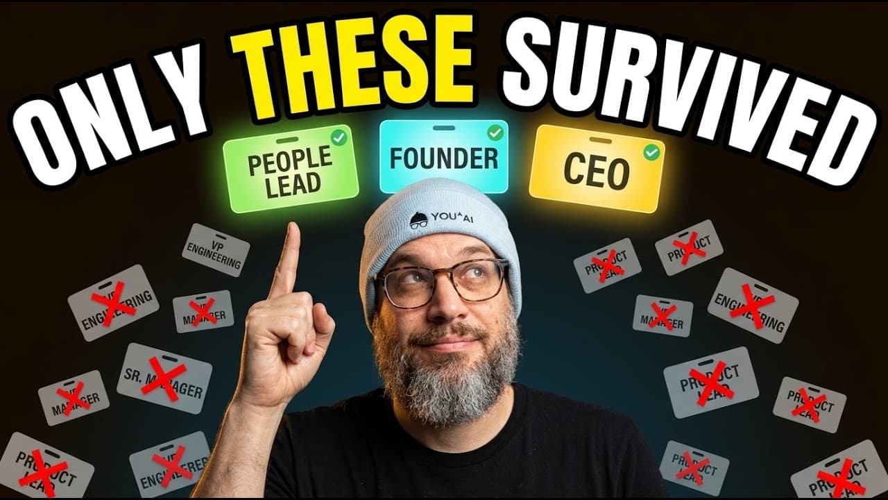 Man in beanie pointing upward with three checkmarked roles (People Lead, Founder, CEO) surrounded by crossed-out job…