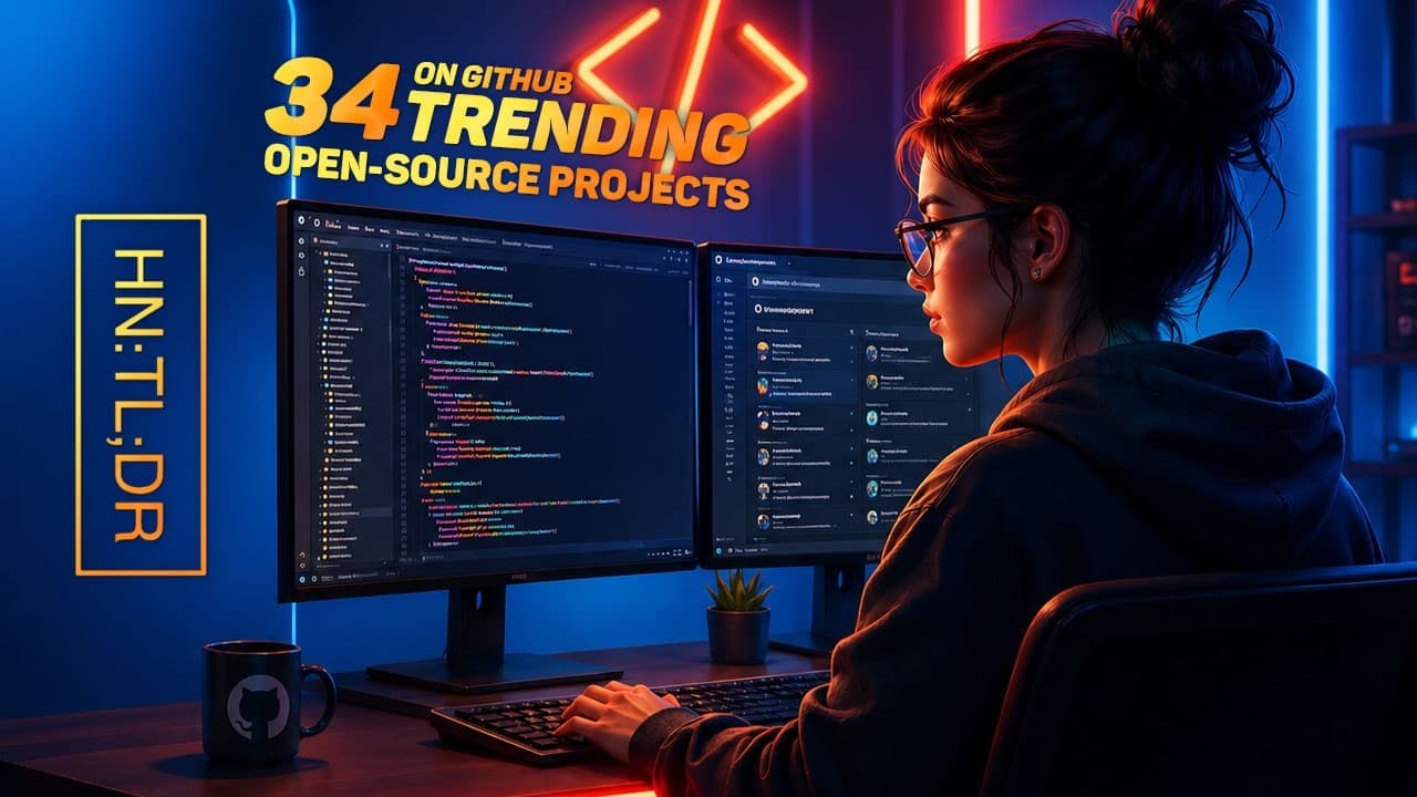 Developer coding at desk with dual monitors displaying GitHub interface, surrounded by neon blue and red lighting with "34…