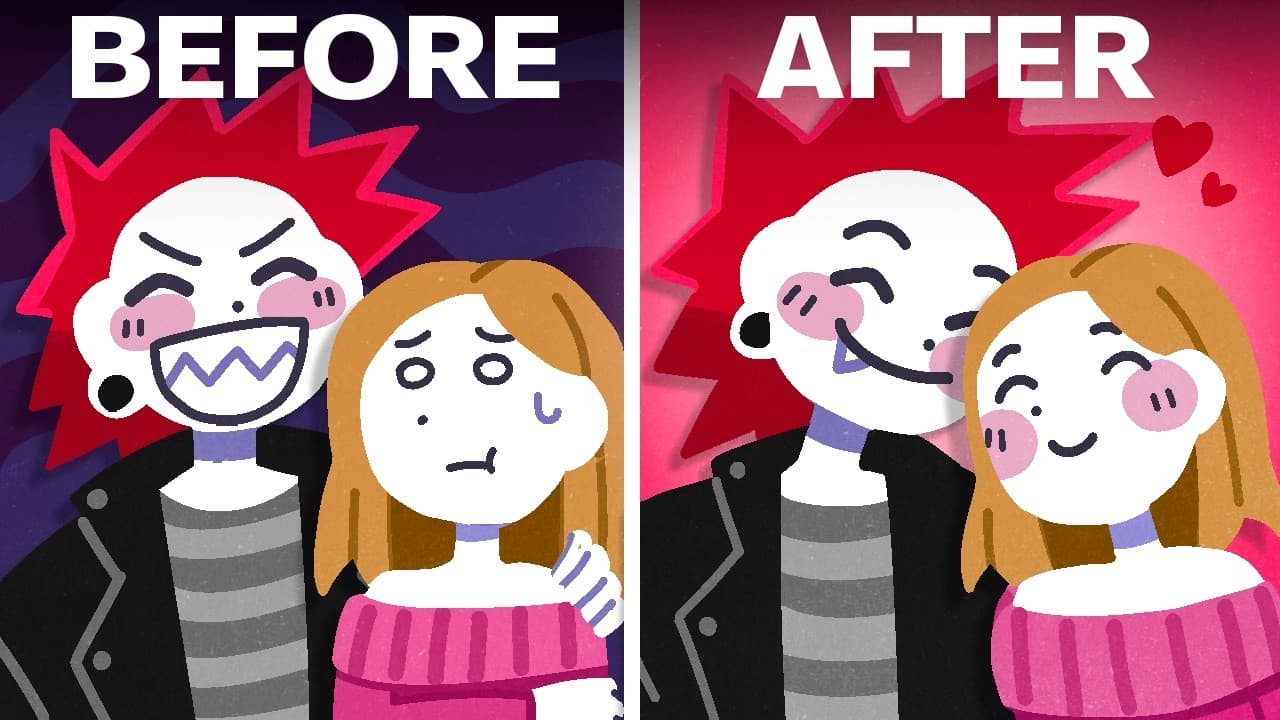 Cartoon couple transforms from arguing and upset to smiling and in love, with "BEFORE" and "AFTER" labels showing…