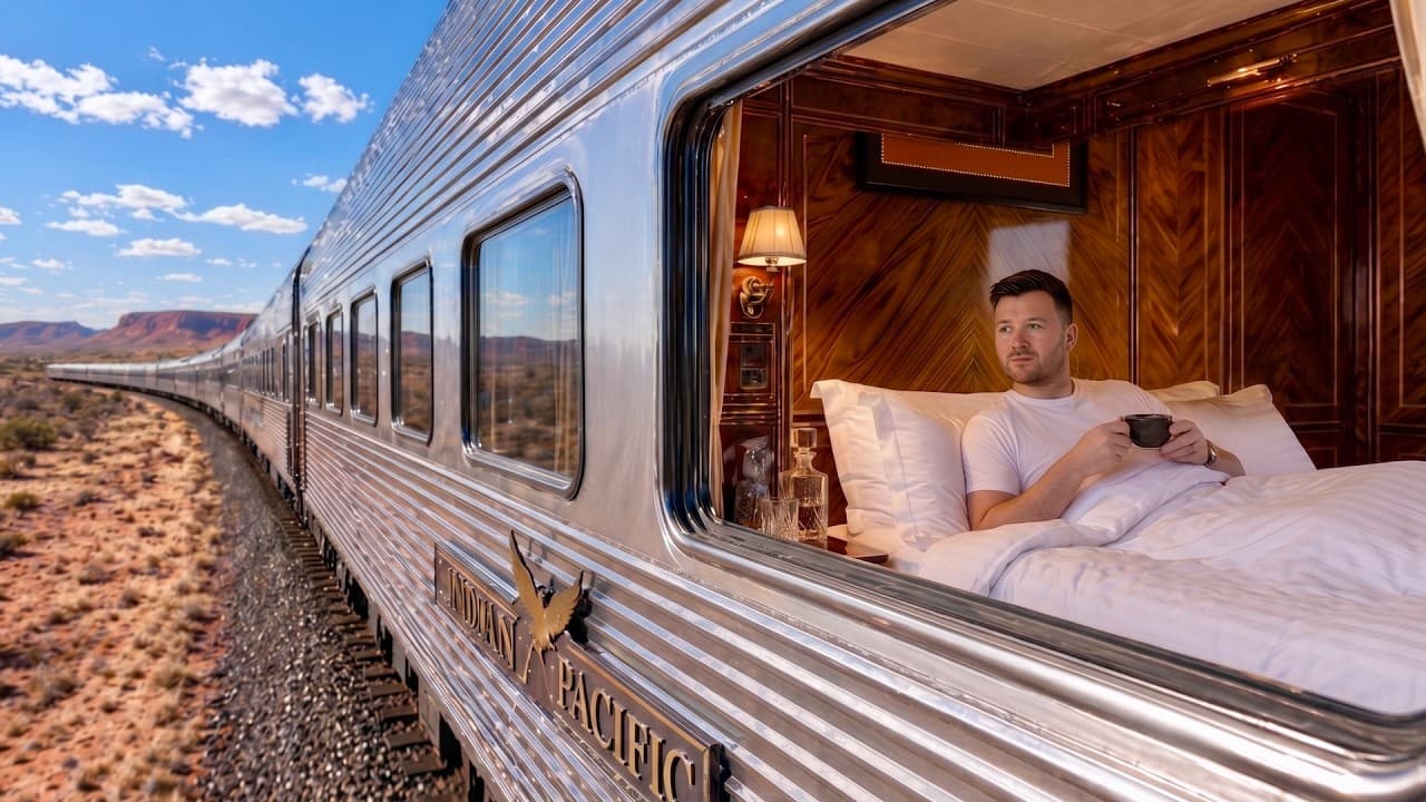 Man relaxing in luxurious wooden bedroom cabin of moving train with desert landscape visible through windows