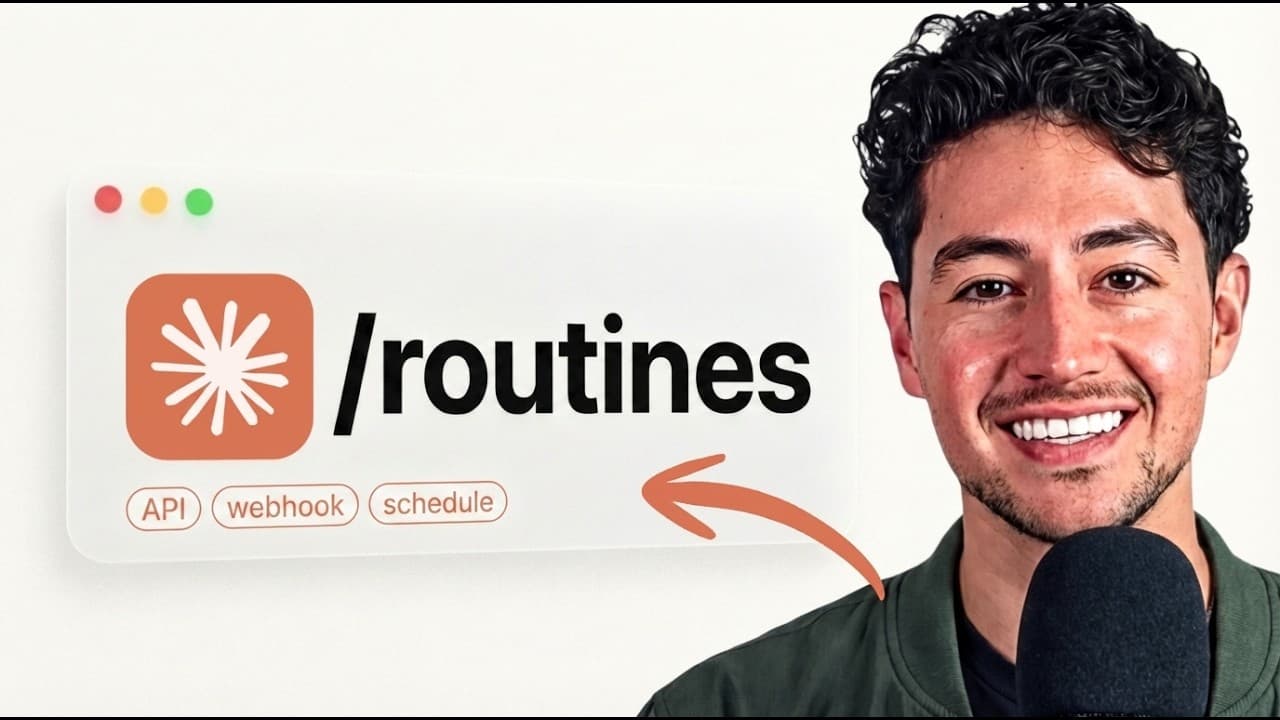 Smiling man in green shirt points to a window displaying the /routines app logo with API, webhook, and schedule options