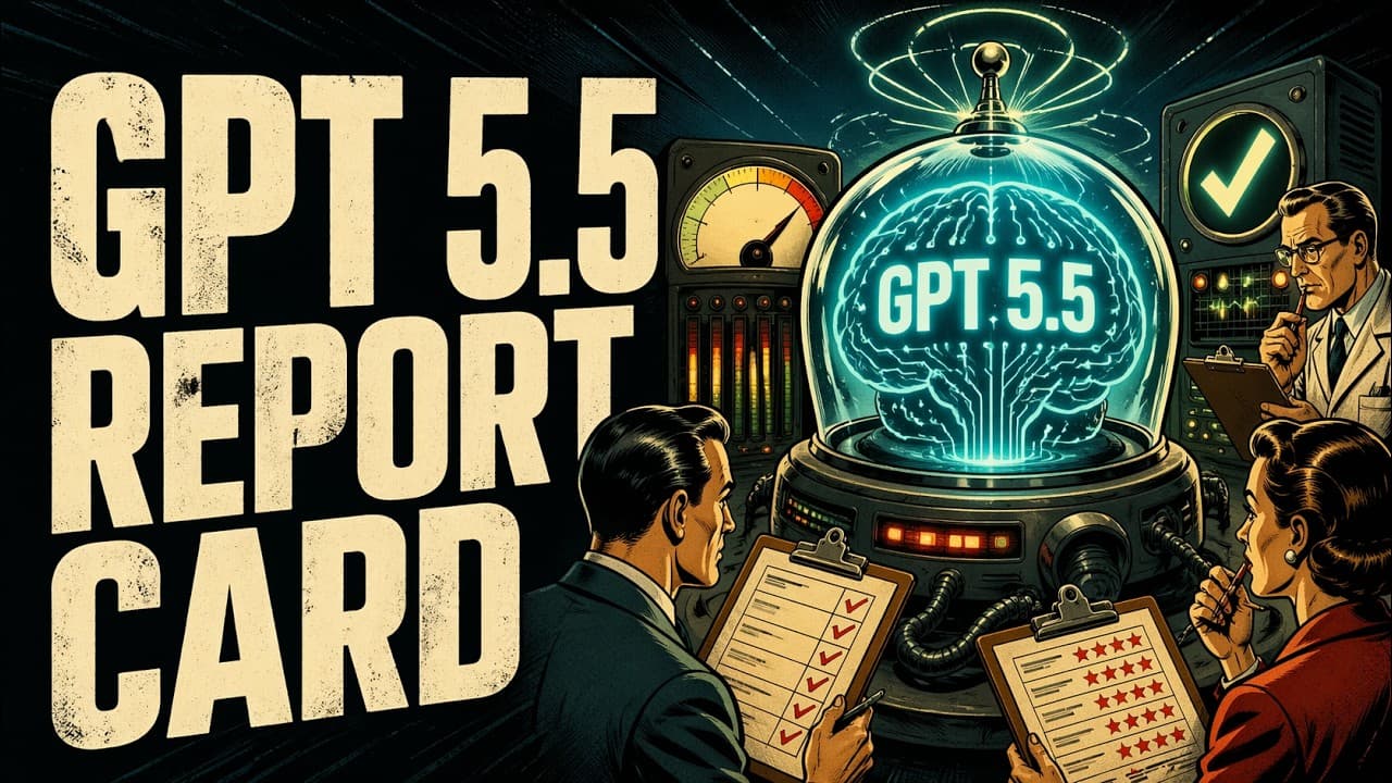 Retro-styled illustration of researchers examining a glowing brain in a dome labeled GPT 5.5, surrounded by vintage…