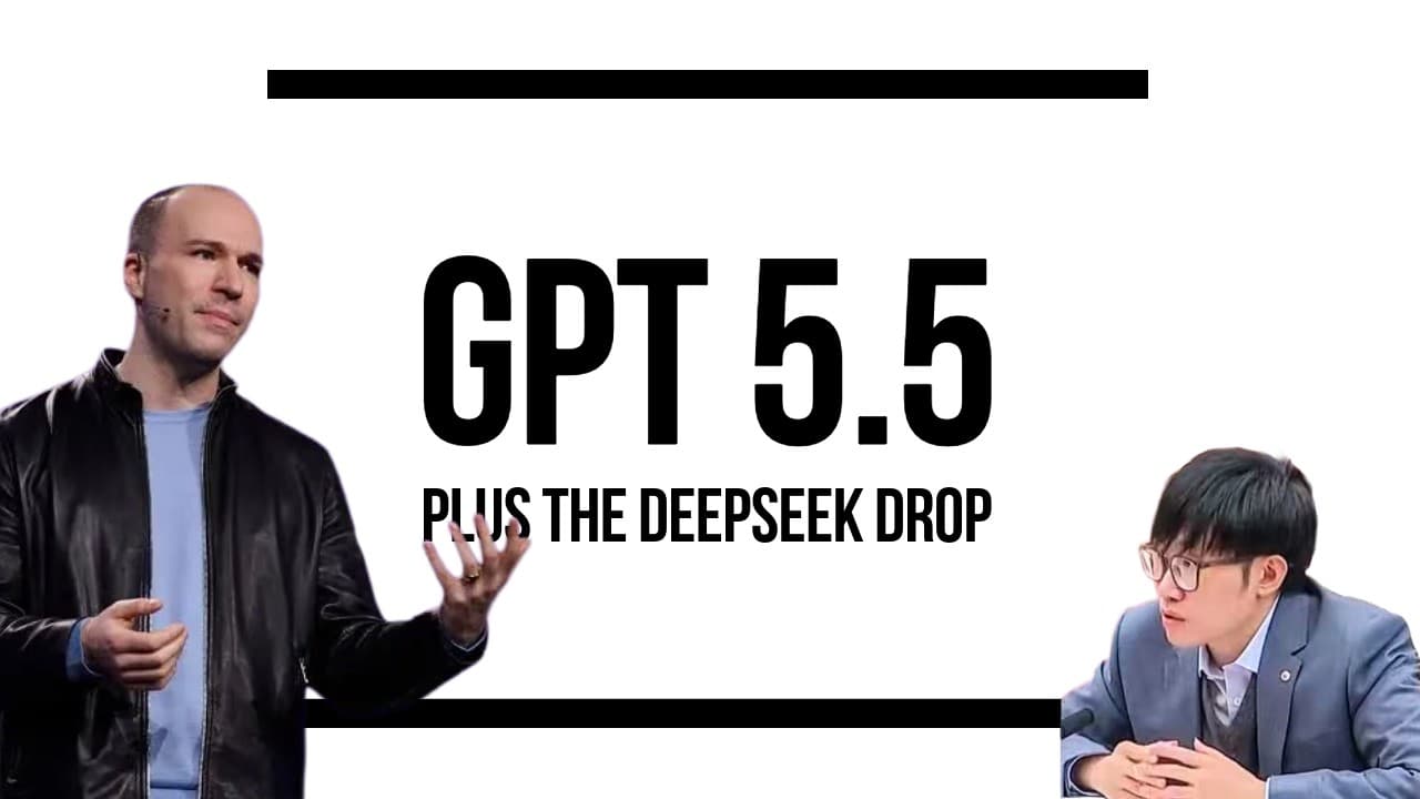 Two men in business casual attire flank bold text reading "GPT 5.5 PLUS THE DEEPSEEK DROP" against a white background