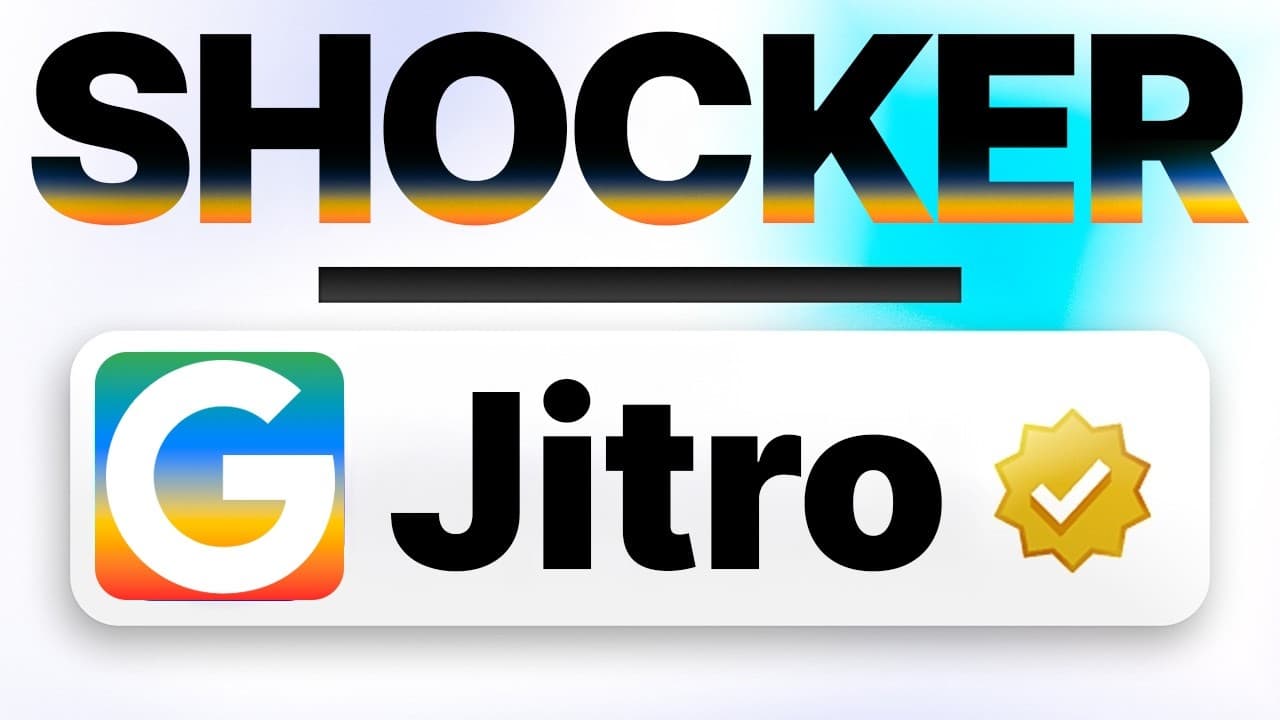 Bold "SHOCKER" header with cyan lightning effects above a Google Jitro app icon and verified badge on white background