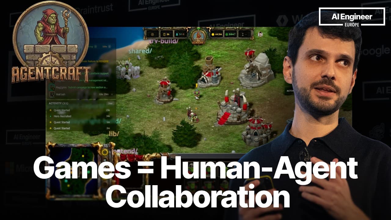 Man in dark shirt gesturing while discussing AgentCraft game interface with fantasy strategy gameplay and "Games =…