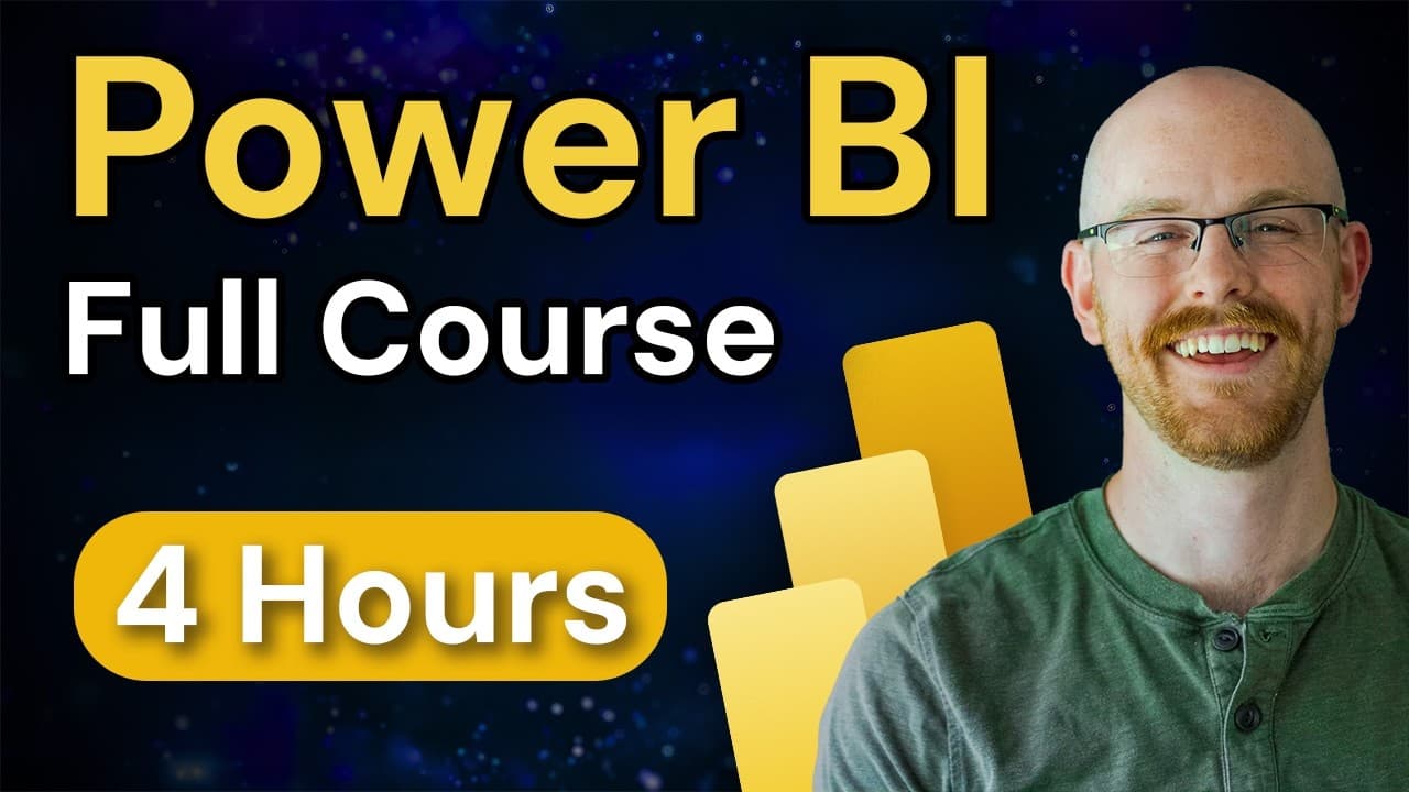 A man wearing glasses smiles at the camera against a blue starry background with yellow "Power BI Full Course" text and "4…