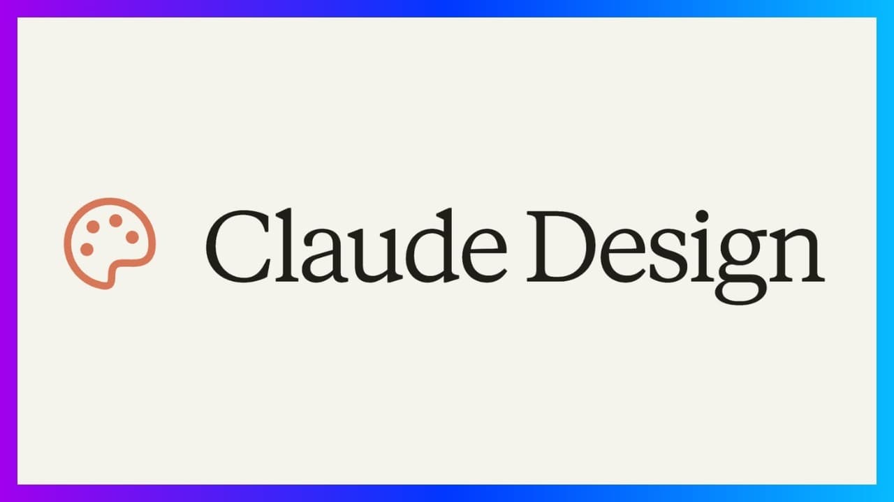Claude Design logo with artist palette icon on cream background with vibrant purple-to-cyan gradient border