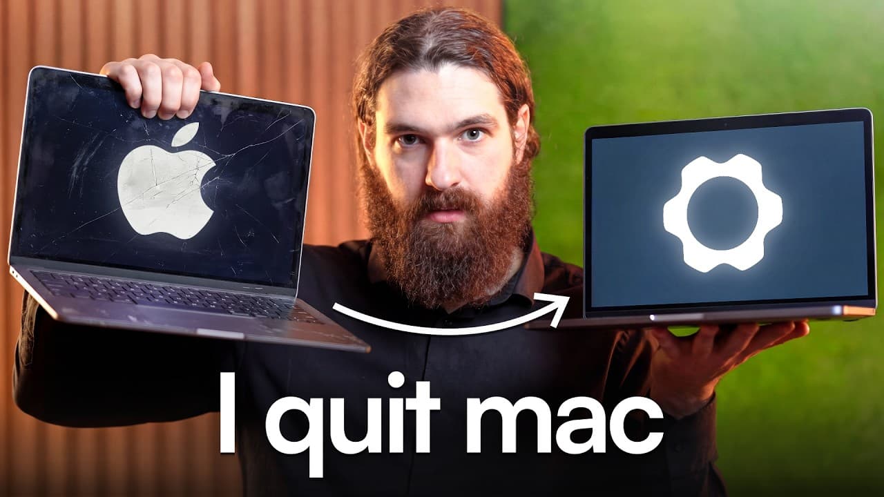 Bearded man holding a damaged MacBook and Linux laptop with "I quit mac" text overlay