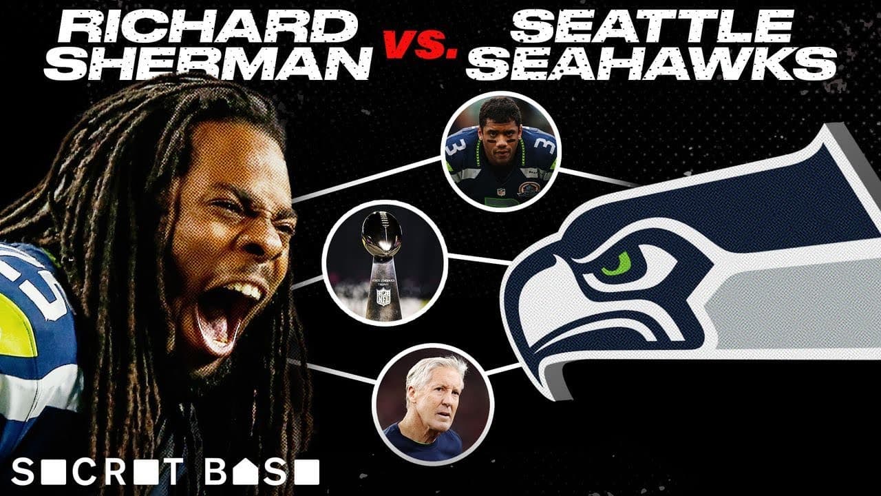 Richard Sherman's intense expression beside the Seahawks logo, connected by lines to the Super Bowl trophy and team…
