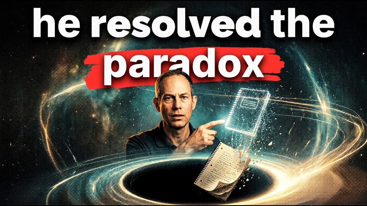 Man in dark shirt pointing at glowing holographic document against cosmic background with swirling energy and "he resolved…