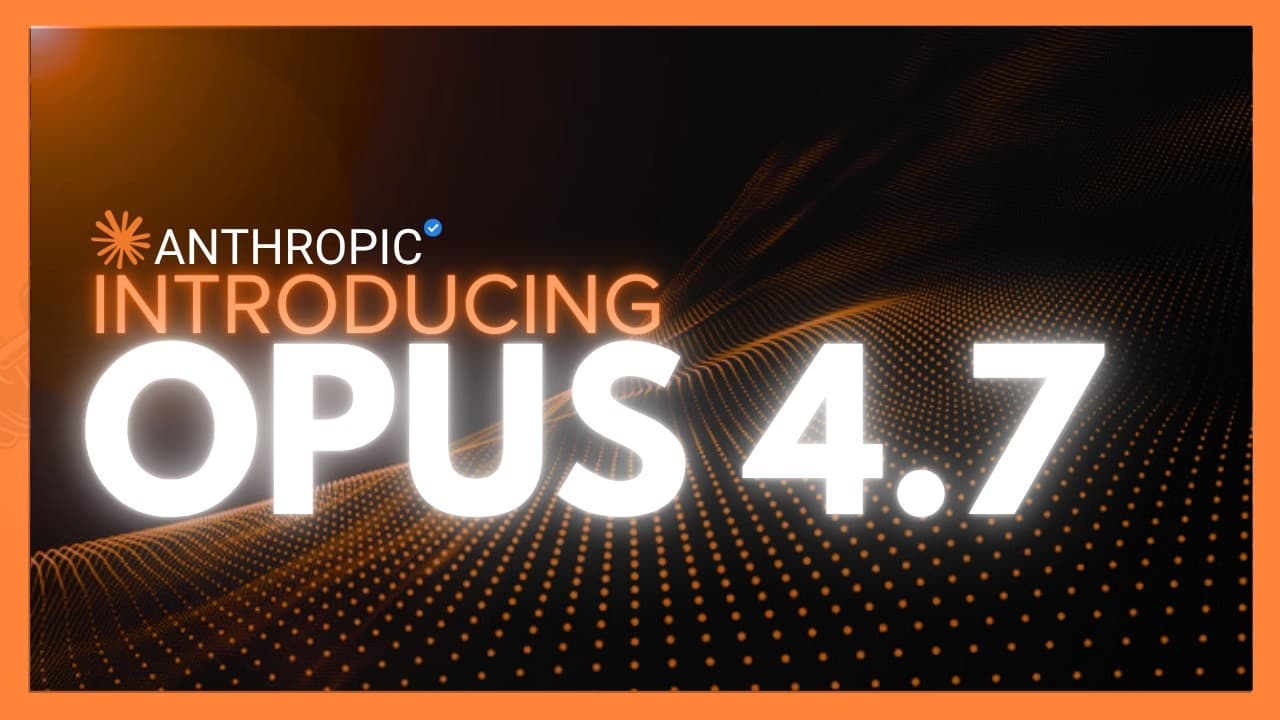 Anthropic's Opus 4.7 announcement displayed on a dark background with orange particle wave design and glowing white text