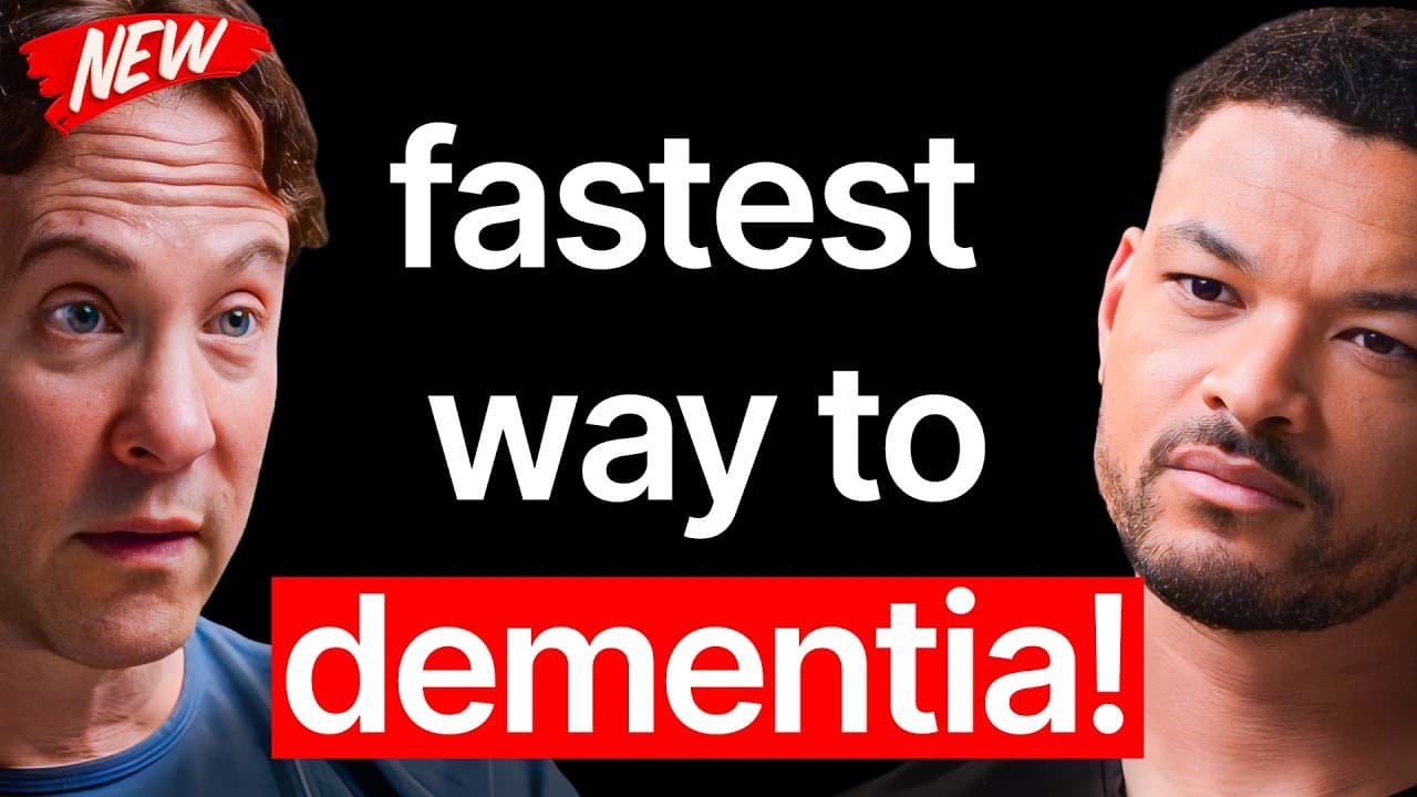 Two men with shocked expressions flank white text reading "fastest way to" above a red banner with "demential" against a…