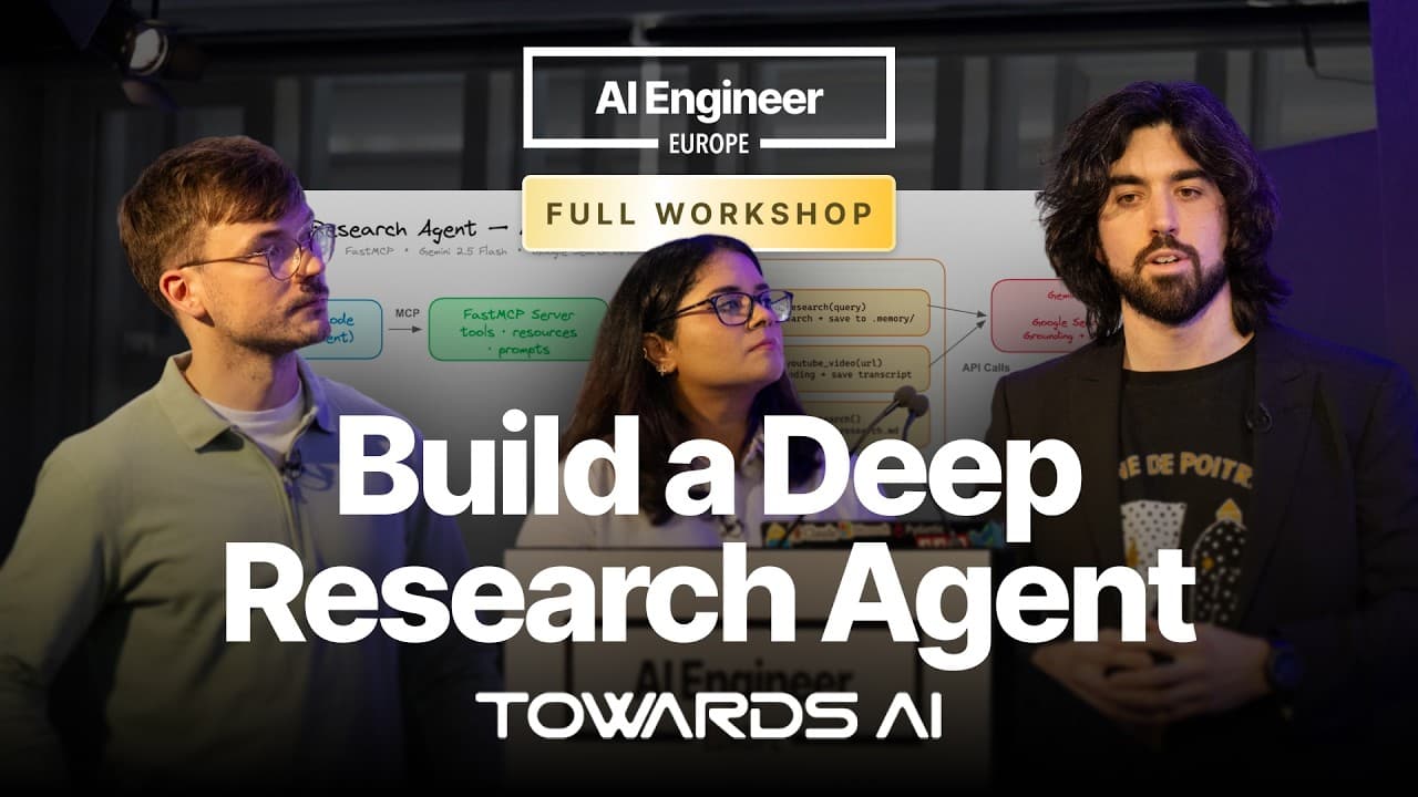 Three presenters stand before a whiteboard with AI architecture diagrams, with overlaid text reading "AI Engineer Europe…