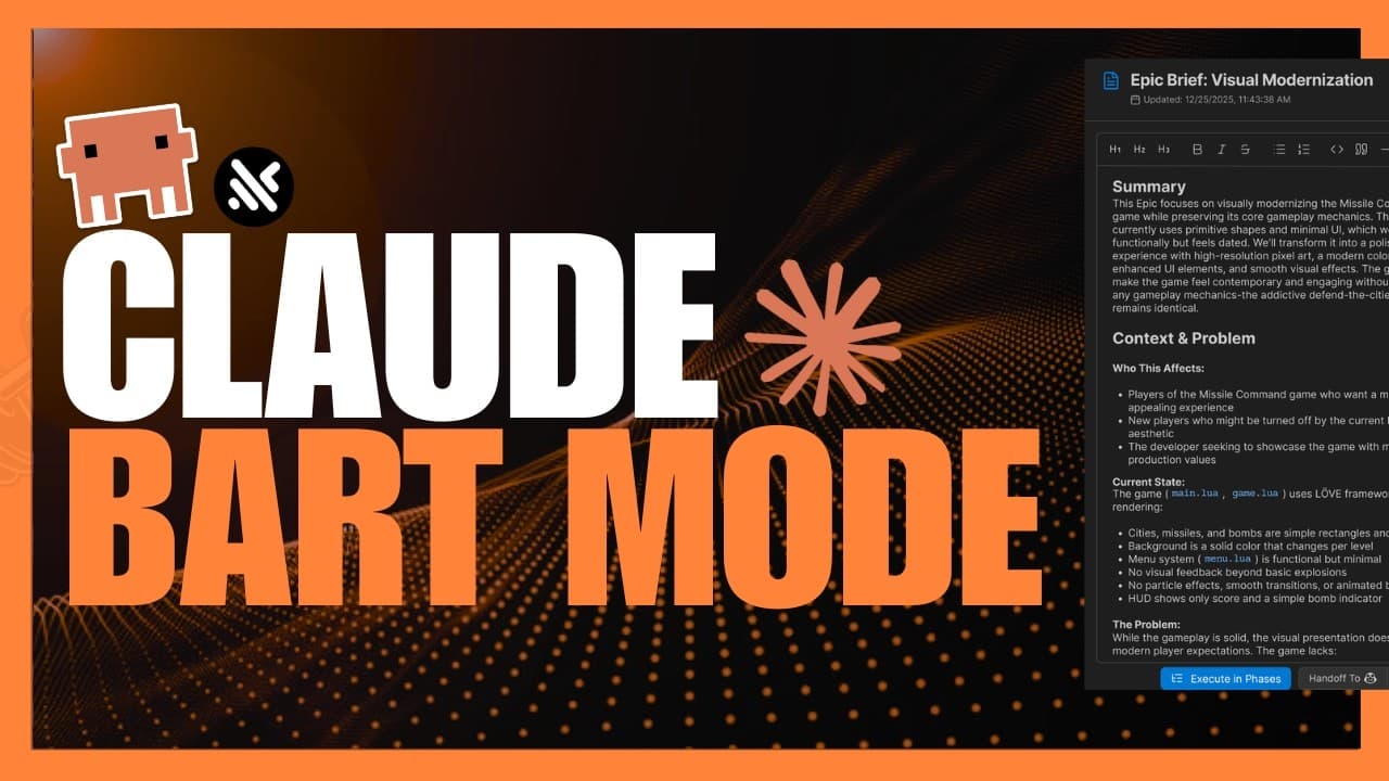 Pixelated character next to Anthropic logo with bold orange and white text reading "CLAUDE BART MODE" on dark background…