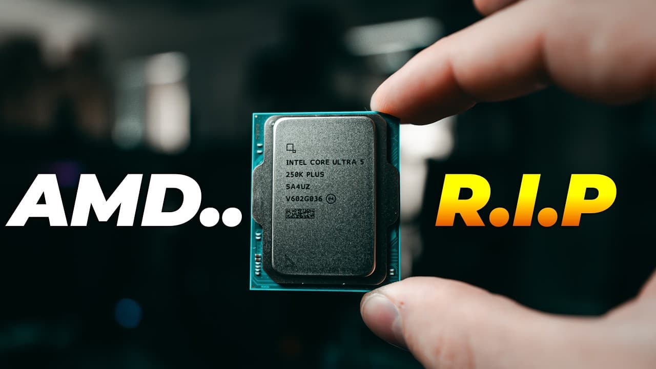 Hand holding Intel Core Ultra 5 processor with "AMD" and "R.I.P" text overlaid, suggesting competitive comparison